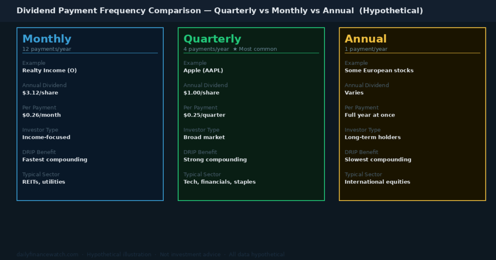 A dividend payment frequency comparison shows monthly, quarterly, and annual payout schedules side by side with DRIP compounding benefit and typical sector information