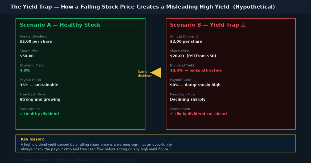 A yield trap comparison shows two scenarios side by side — a healthy stock with a 4% yield versus a deteriorating stock with a 10% yield caused by a falling share price