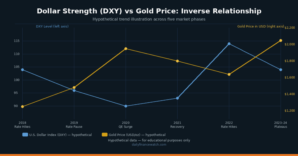 Dollar strength versus gold price inverse relationship chart showing DXY index and gold price trends over time