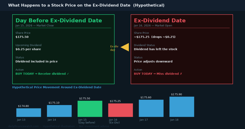 A comparison chart shows what happens to a stock price the day before and on the ex-dividend date with a hypothetical price drop and bar chart of price movement across five trading days
