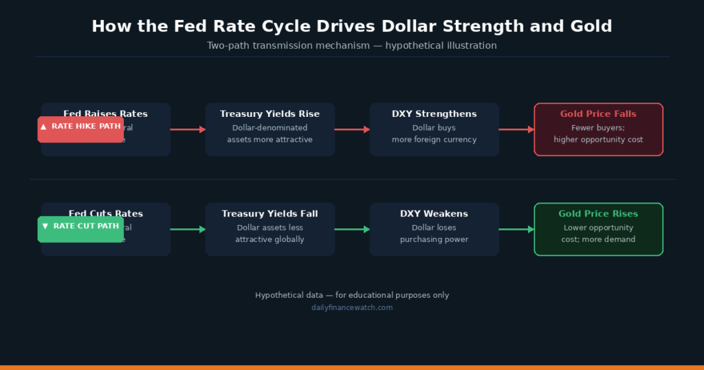 Federal Reserve interest rate cycle diagram showing impact on dollar index and gold price direction