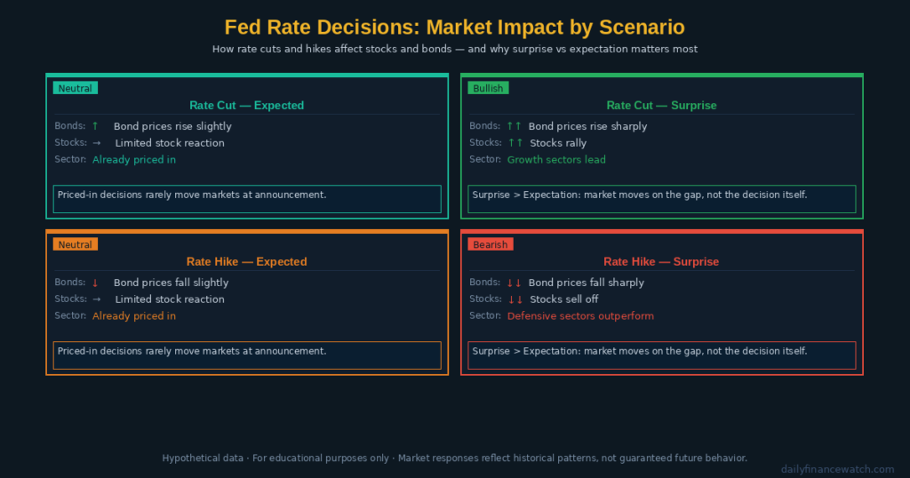 Federal Reserve rate decision impact chart showing stock market and bond price reactions to rate cuts and rate hikes with investor sentiment indicators