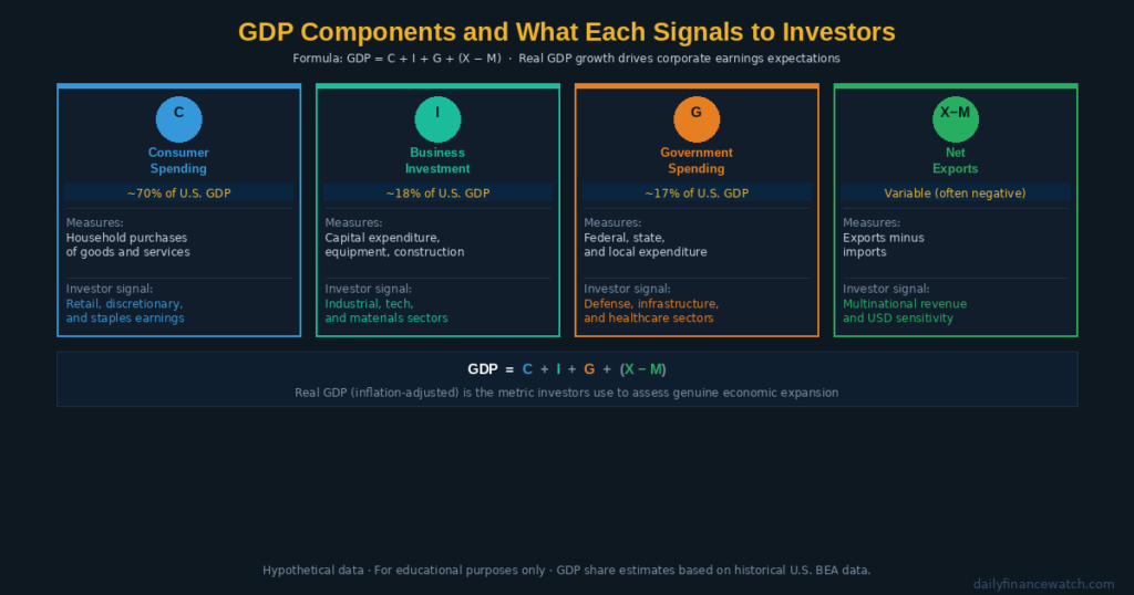 GDP investing framework diagram showing four components of gross domestic product with stock market connection and investor signal indicators