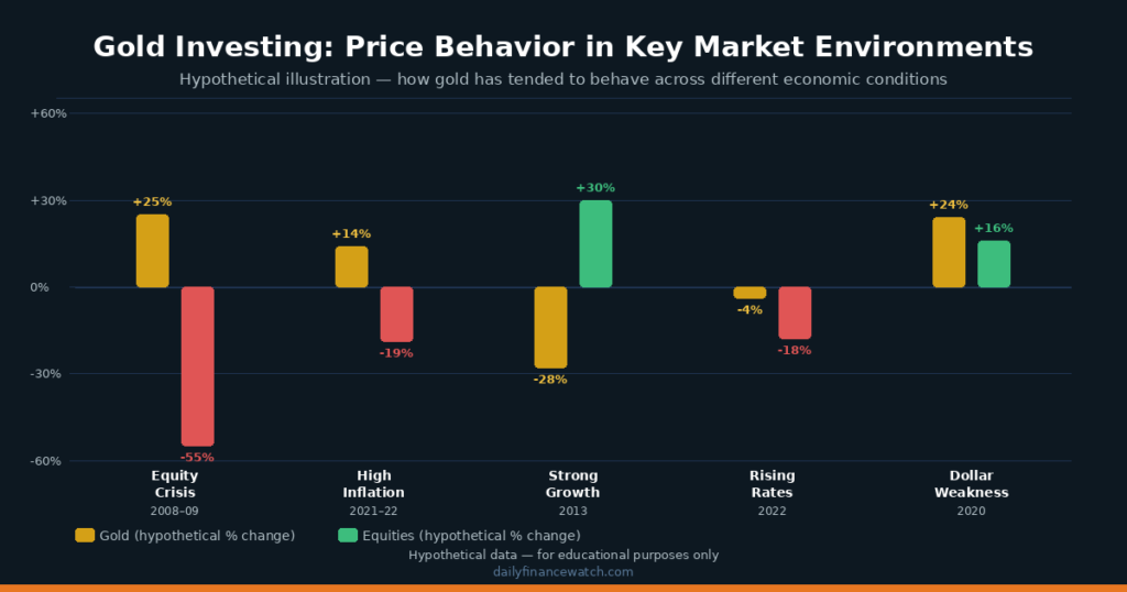 Gold investing performance chart comparing gold price trends against equity market drawdowns and inflation periods