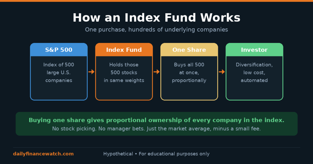 Diagram showing how an index fund holds every stock in a market index at proportional weights