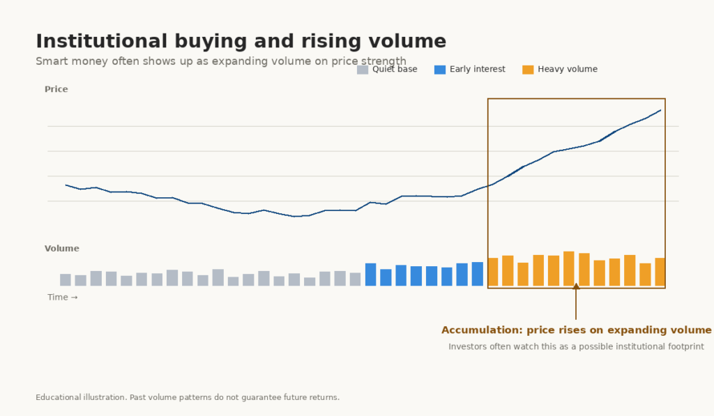 A chart shows institutional buying and rising trading volume during a sector rotation period.
