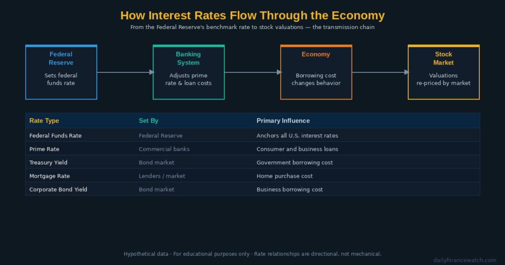 Interest rate mechanics diagram showing borrowing cost flow from Federal Reserve to banks to consumers and businesses with investor impact labels
