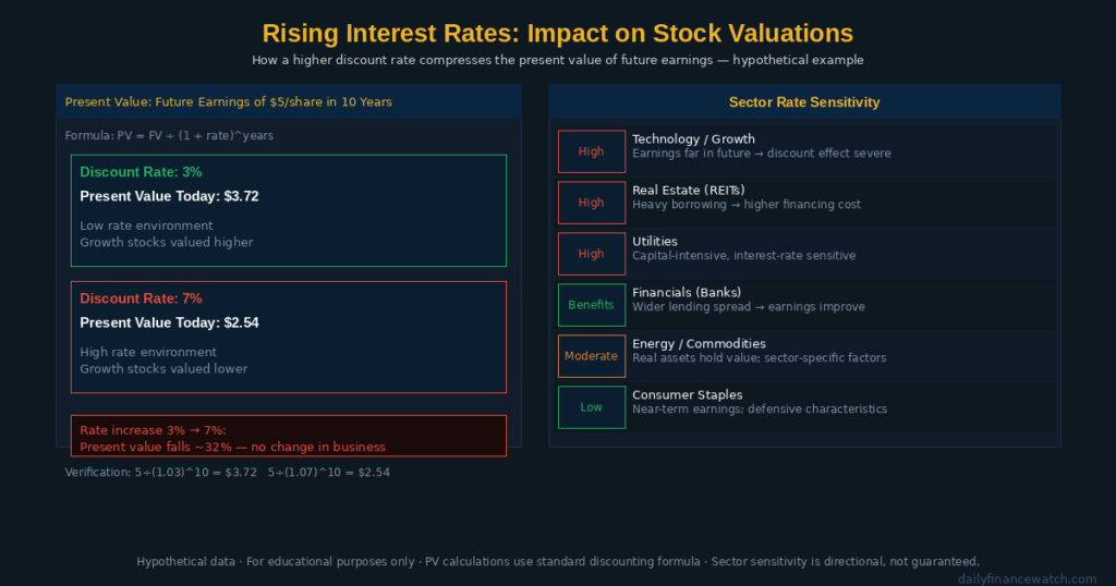 Stock valuation impact diagram showing how rising interest rates reduce present value of future earnings for growth stocks versus dividend stocks