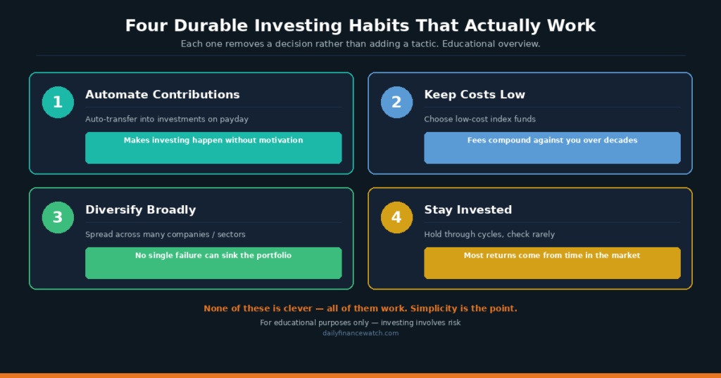 Checklist diagram of durable investing habits including automation diversification and low costs
