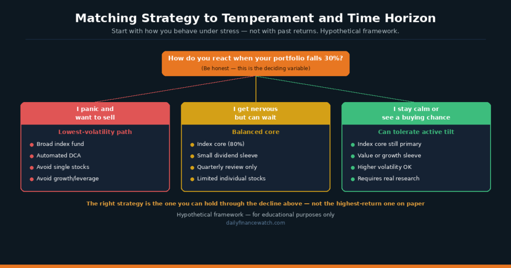 Decision framework diagram matching investor temperament and time horizon to suitable portfolio approaches
