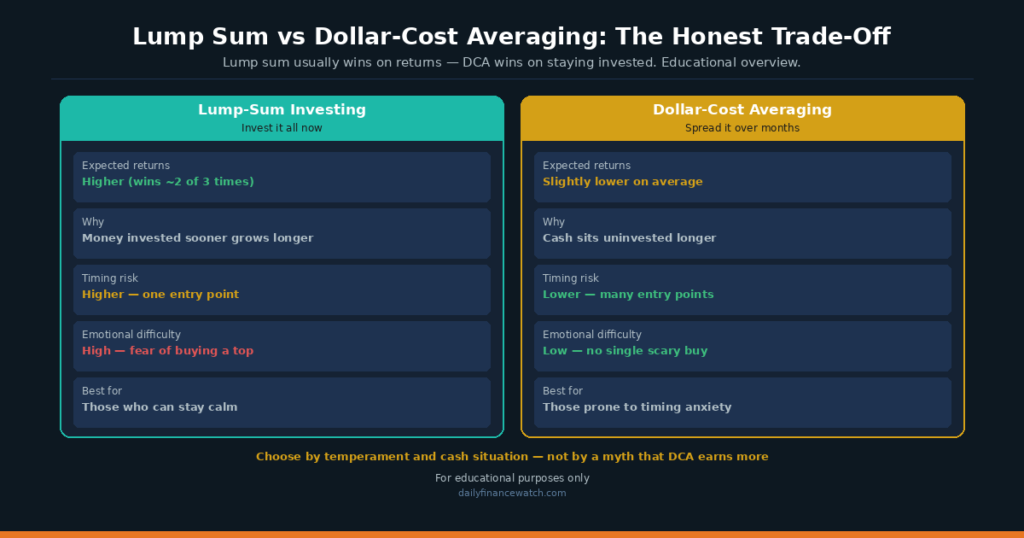 Diagram comparing lump sum investing and dollar-cost averaging on returns and emotional difficult