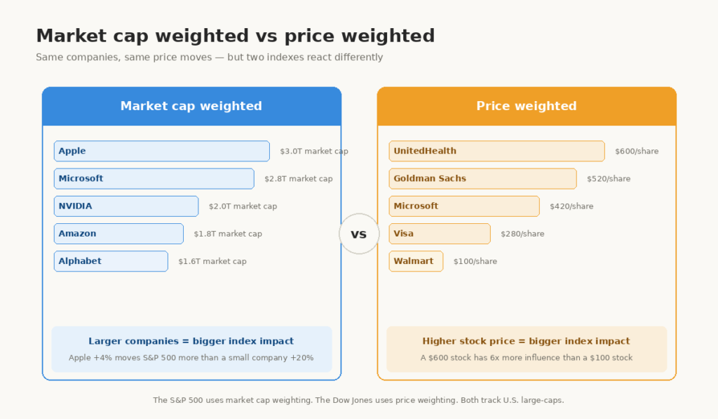 A side-by-side comparison shows how the same price event affects the S&P 500 market cap weighted index differently from the Dow Jones price weighted calculation.