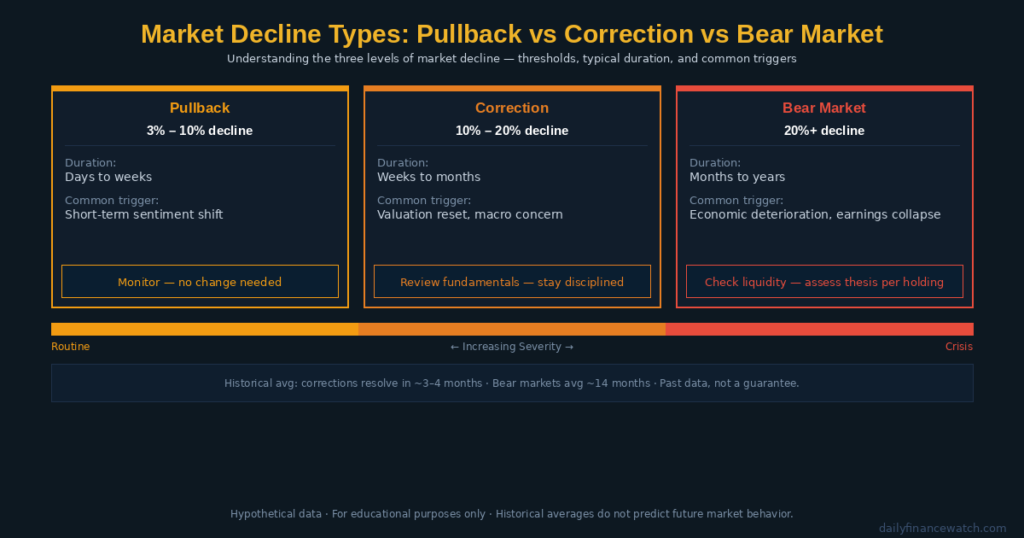 Market correction diagram showing 10% decline threshold from a recent peak with S&P 500 price stages and recovery labels