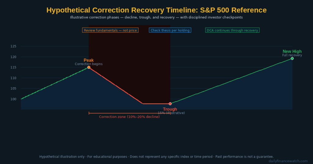 Historical timeline comparing stock market correction duration and recovery periods with percentage decline bars for educational reference