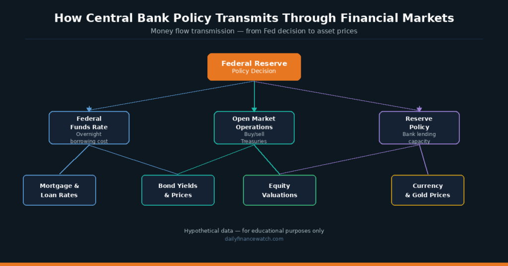 Money flow diagram showing central bank policy transmission through bond markets equities and currency channels