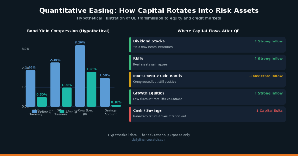 Quantitative easing capital rotation diagram showing bond yield compression driving institutional flows into equities and credit markets