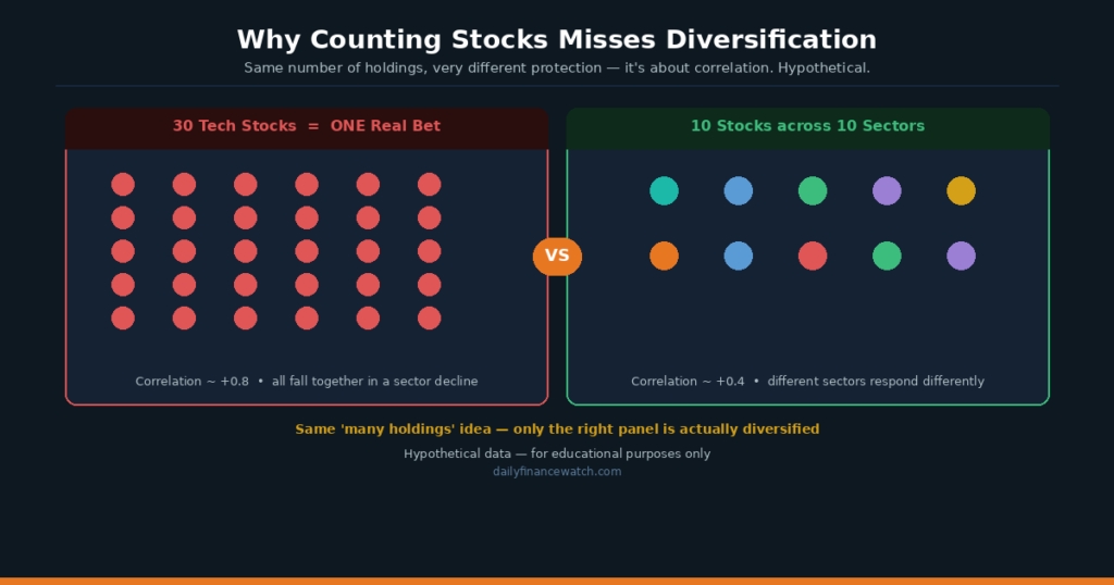 Portfolio diversification chart showing how low correlation assets reduce overall risk for beginners