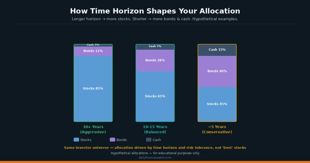 Asset allocation diagram showing how time horizon shifts the balance between growth and stability