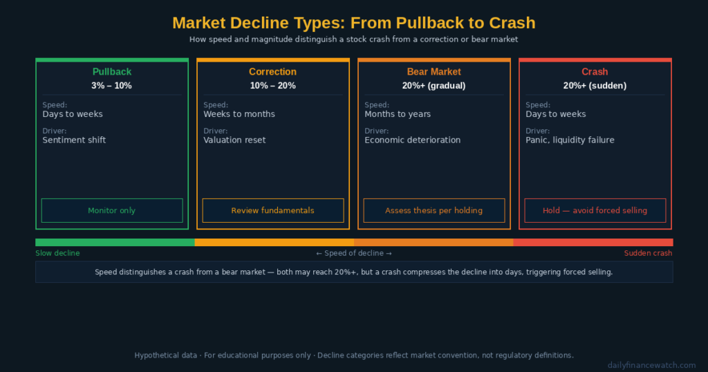 Stock crash severity comparison chart showing single-day and multi-week decline thresholds versus correction and bear market ranges with historical S&P 500 reference points