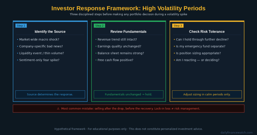 Investor decision framework showing three volatility response strategies with risk level indicators and portfolio action steps