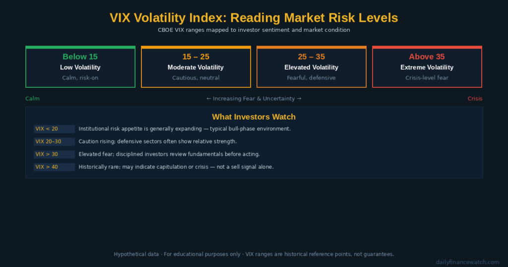 Stock volatility gauge showing low, moderate, and high price swing ranges with VIX index scale and S&P 500 reference