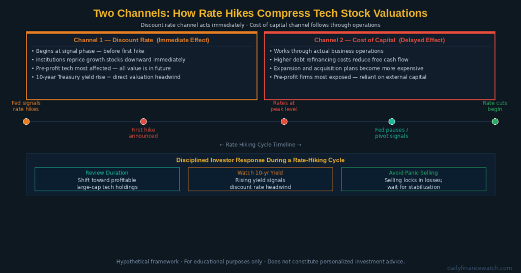 Two-channel diagram showing interest rate transmission into tech stock prices through discount rate compression and cost of capital increase with sector comparison