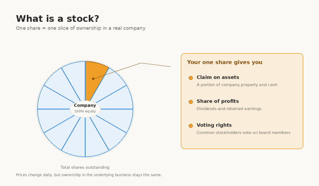 A new investor studies what is a stock using a share ownership diagram and valuation discipline notes.
