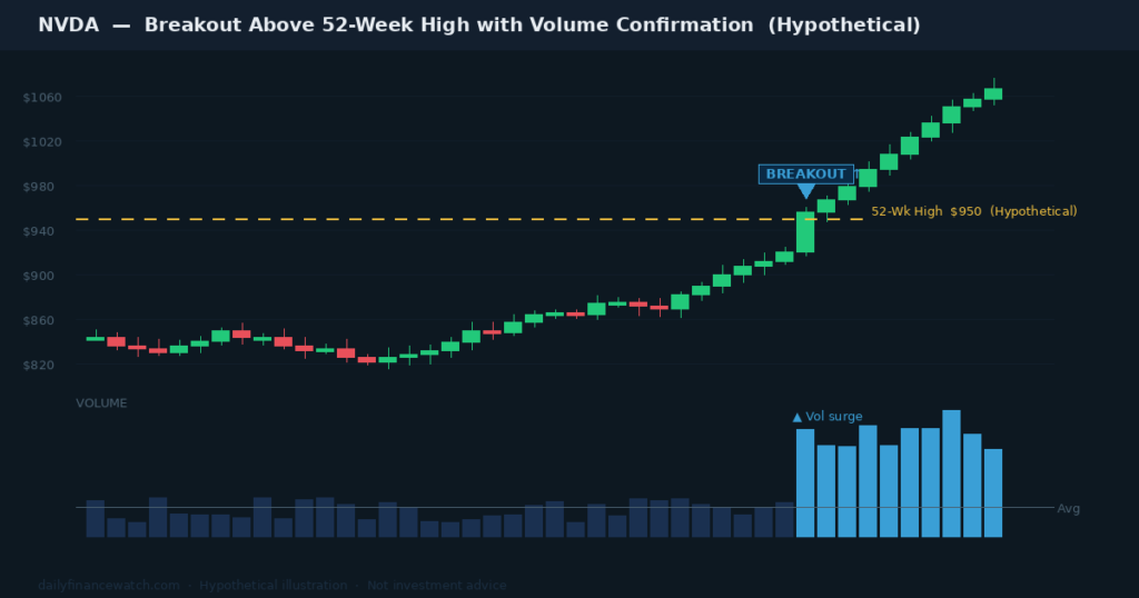 A candlestick chart shows a stock breaking above an annual resistance level with a visible institutional buying volume surge confirmed below the price bars