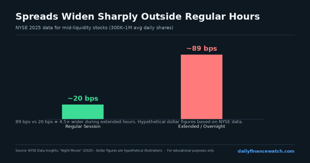 Comparison of bid-ask spreads during extended hours versus regular session showing wider gaps