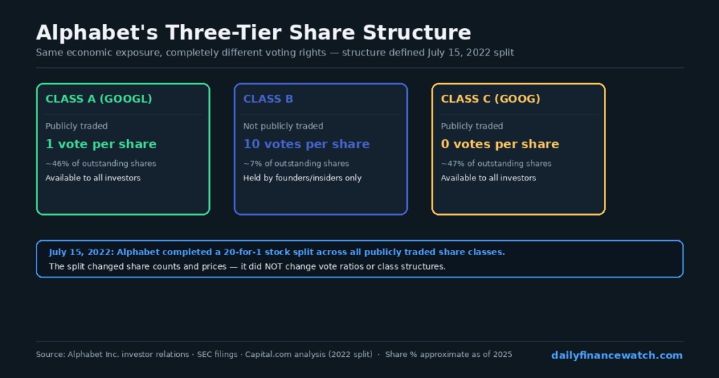 Comparison diagram of Alphabet and Berkshire Hathaway share structures showing different voting rights per class