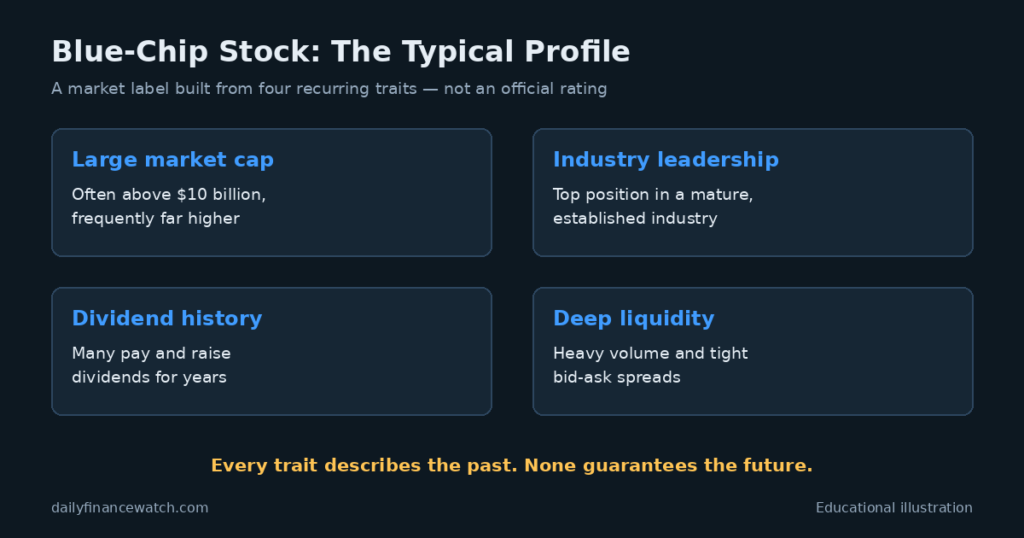 Checklist of blue chip stock traits including market cap, dividends, and liquidity
