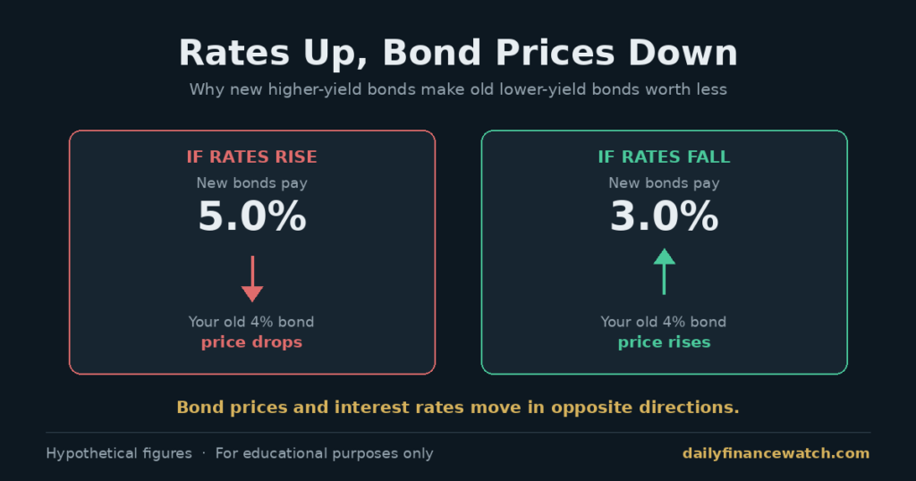 Chart showing how bond prices fall when interest rates rise and rise when rates fall