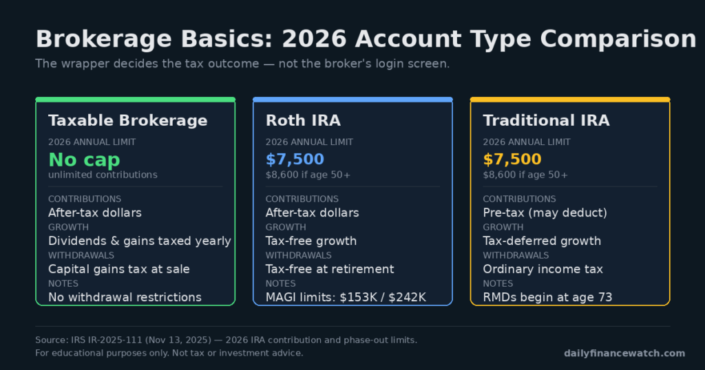 Beginner investor reviewing brokerage basics for taxable account and Roth IRA on a laptop