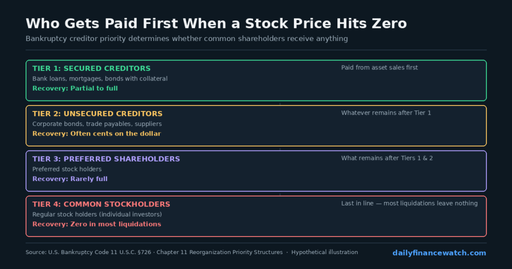 Stock price zero mechanism diagram showing bankruptcy creditor priority waterfall with hypothetical company example