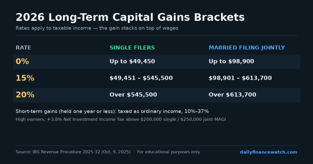 Table displaying 2026 long-term capital gains brackets by filing status with short-term rates noted