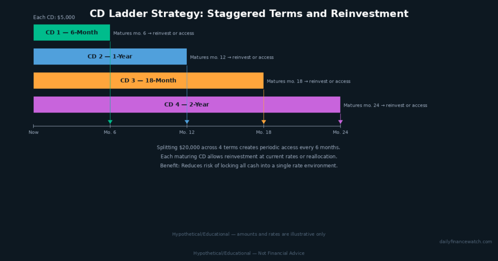 CD ladder diagram showing four staggered maturity terms and reinvestment strategy