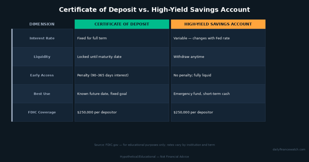 CD rates comparison table showing certificate of deposit vs high-yield savings account key differences