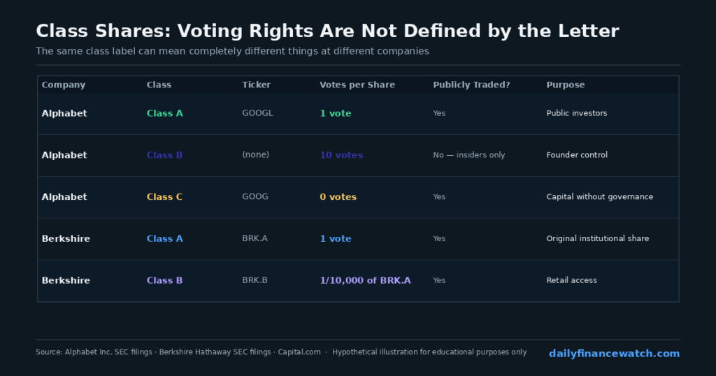 Class shares diagram showing voting rights per share for Class A Class B and Class C at hypothetical company example