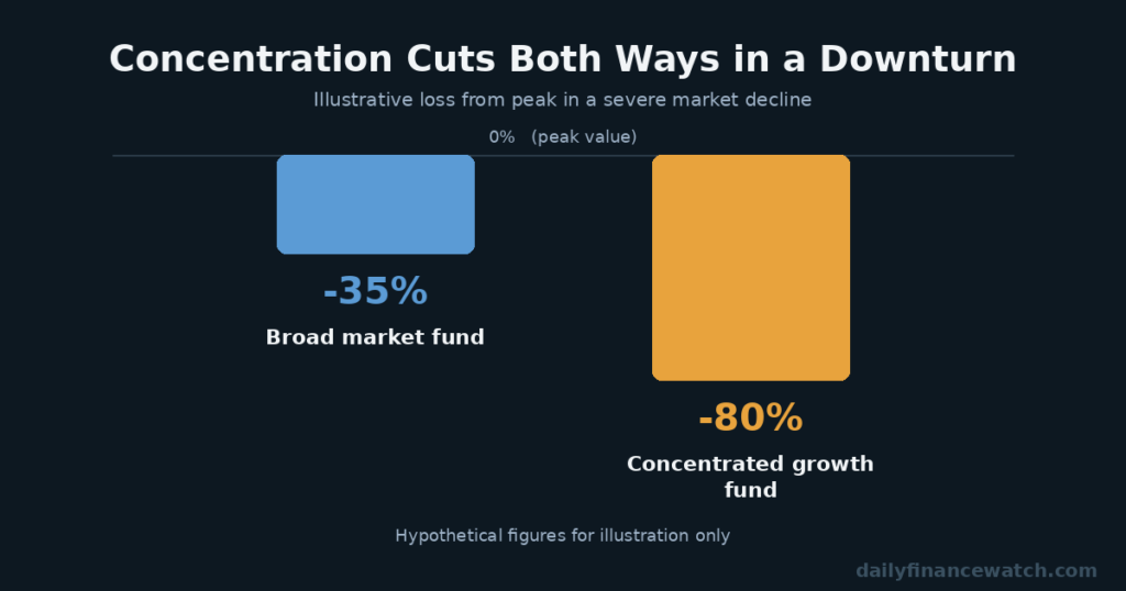 Illustrate how a concentrated growth fund can fall further than a broad market fund in a downturn