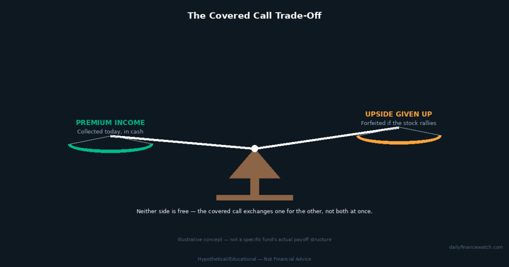 balance scale diagram showing covered call premium income versus upside given up