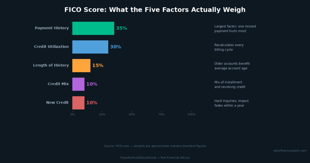 credit score FICO factors bar chart showing payment history utilization and three other categories