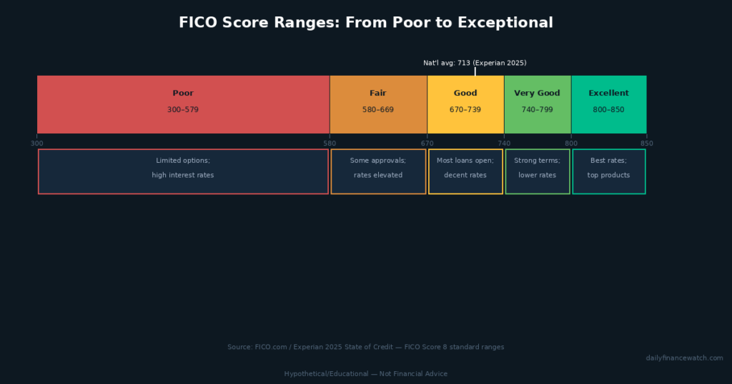FICO score range diagram showing poor fair good very good and exceptional tiers from 300 to 850