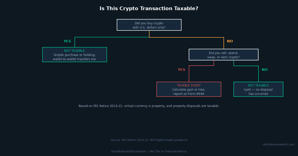 decision tree diagram showing which cryptocurrency investing transactions are taxable under IRS rules