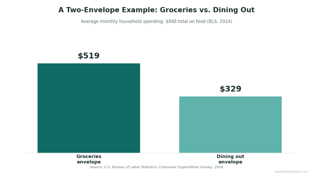 Bar chart comparing average monthly U.S. household spending on groceries ($519) versus dining out ($329), BLS 2024 data.