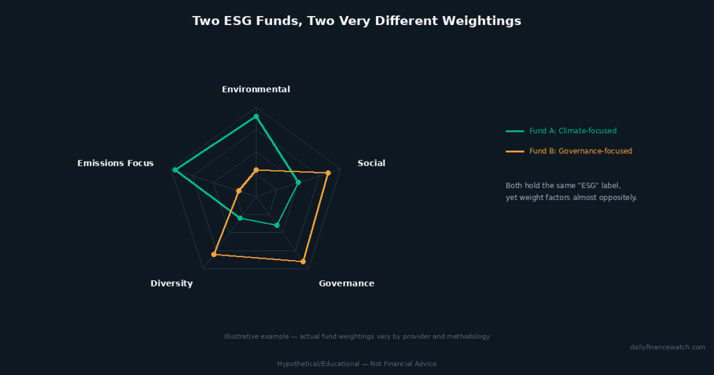 ESG investing radar chart comparing two funds environmental social governance weightings