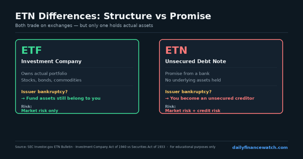 ETN differences diagram comparing ETF asset ownership structure versus ETN unsecured debt obligation from issuer