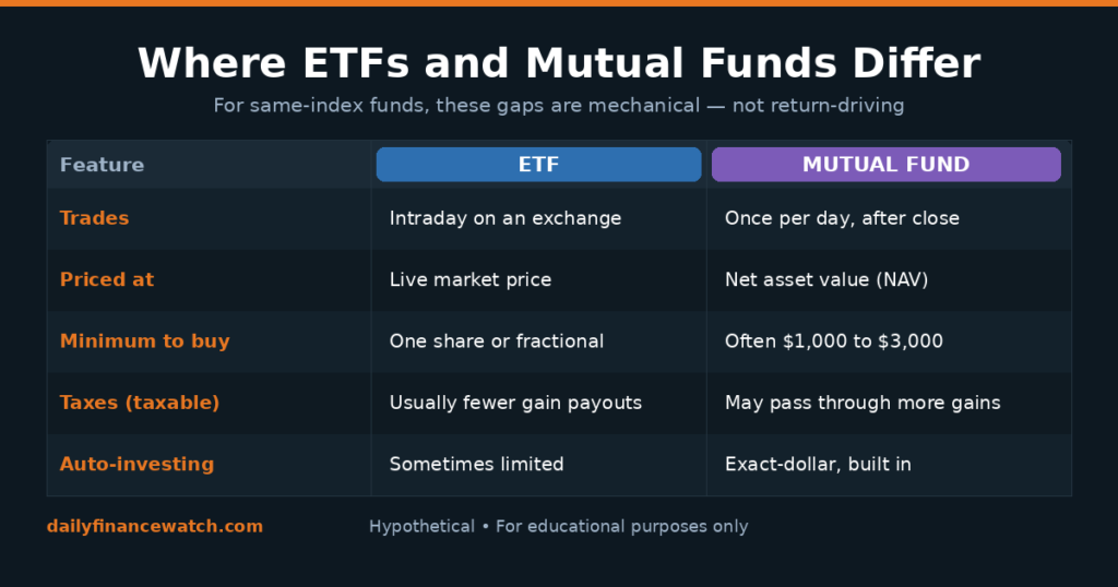 Table comparing trading, pricing, minimums, taxes, and automation between two fund wrappers