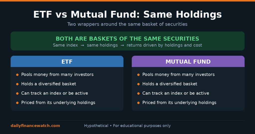 Comparison diagram showing mutual funds and ETFs holding the same basket of securities