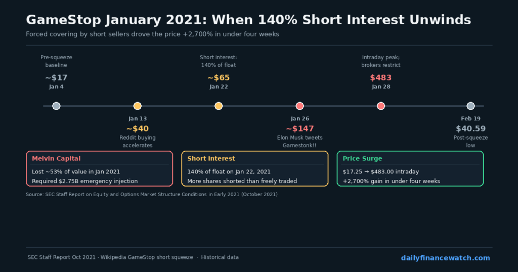 GameStop GME stock price timeline January 2021 showing short squeeze from seventeen dollars to intraday high