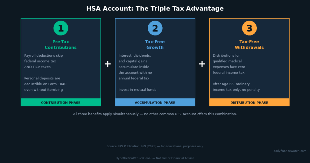 HSA account triple tax benefit diagram showing pre-tax contributions tax-free growth and withdrawals